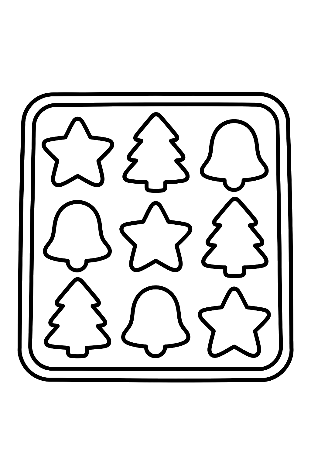 a tray of cookies shaped like stars, trees and bells coloring page