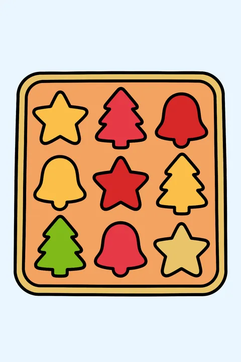 a tray of cookies shaped like stars, trees and bells coloring page