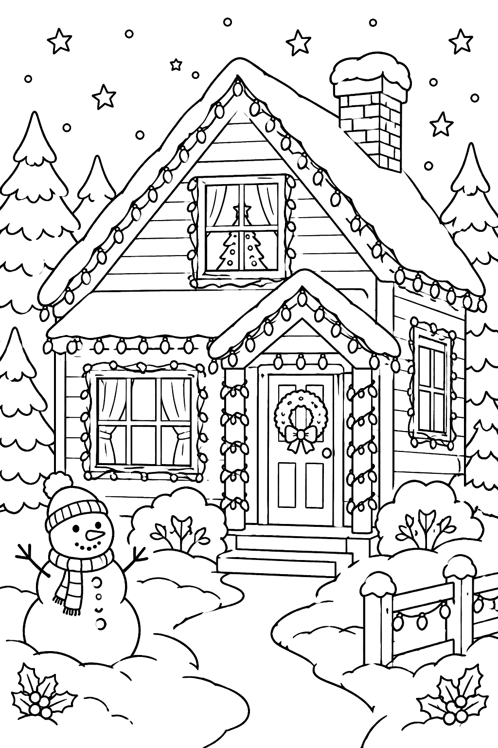 a house covered in Christmas lights in the snow coloring page