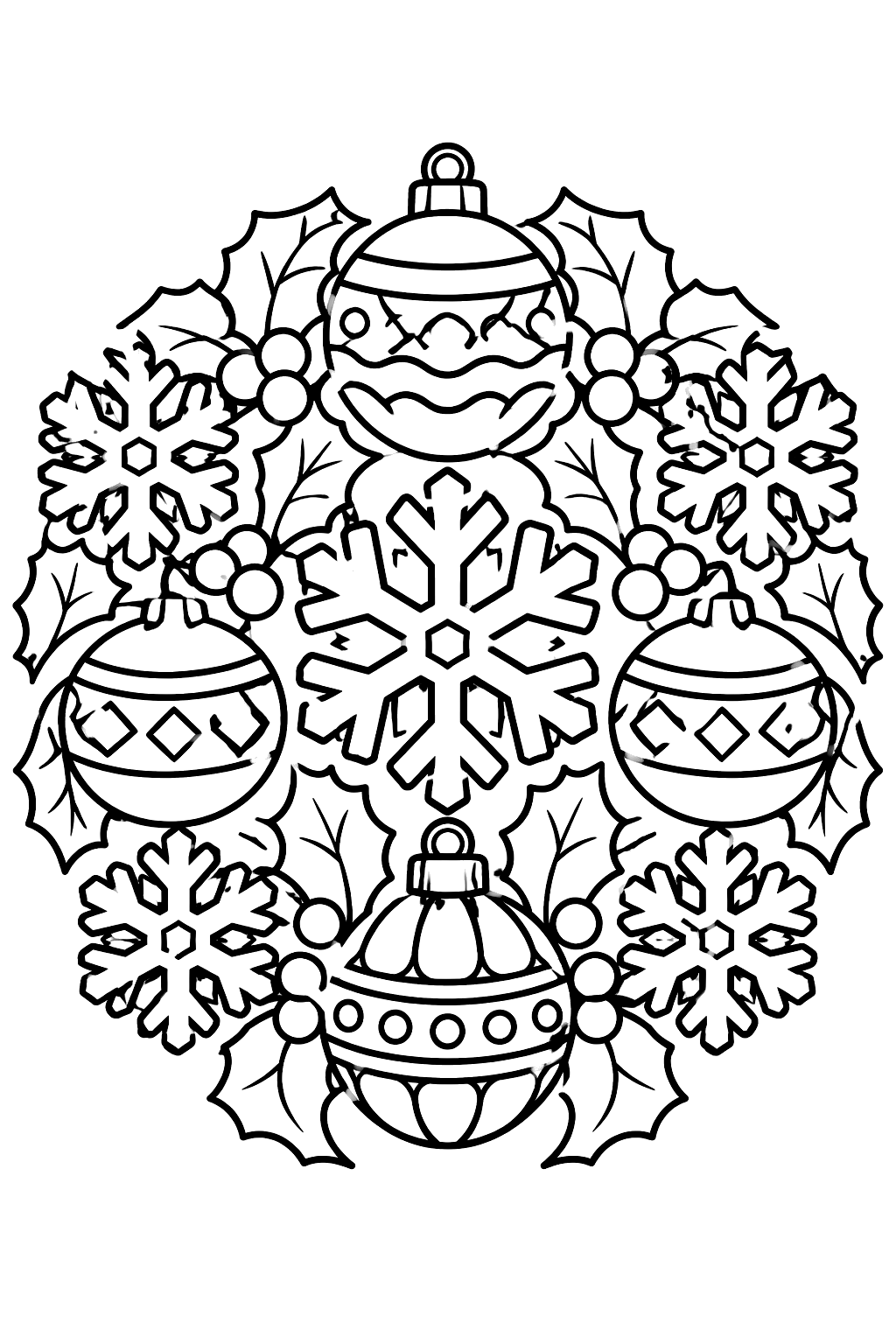 a round design of ornaments, holly and bold snowflakes coloring page