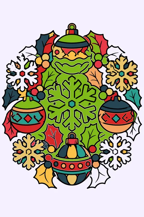 a round design of ornaments, holly and bold snowflakes coloring page