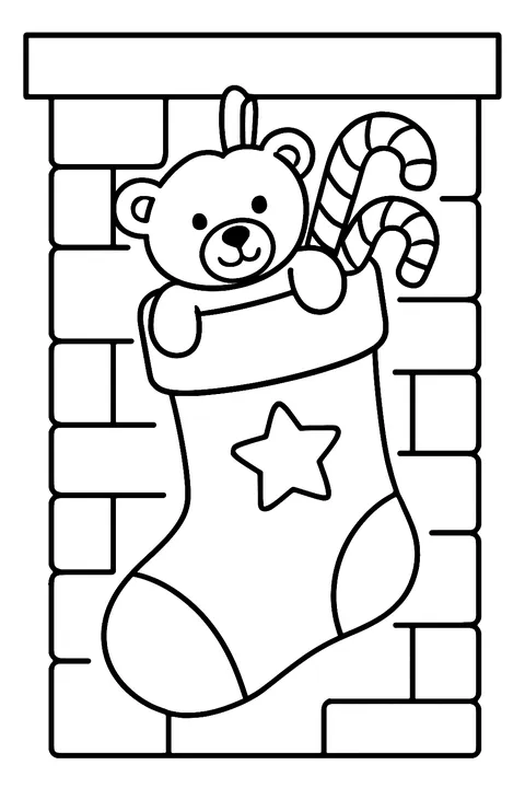 Christmas stocking on a fireplace filled with a teddy bear and candy canes coloring page