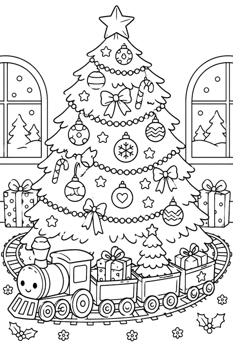 a toy train carrying presents and a tree around the base of a Christmas tree coloring page