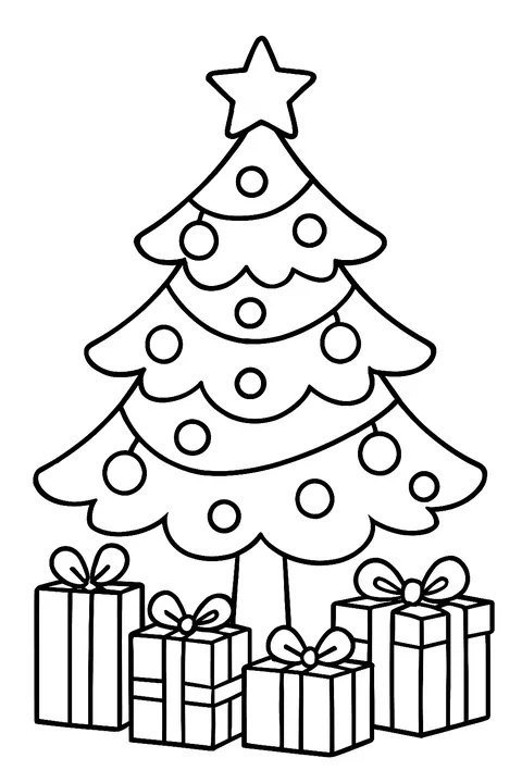 Decorated Christmas tree with ornaments, a star and presents underneath coloring page