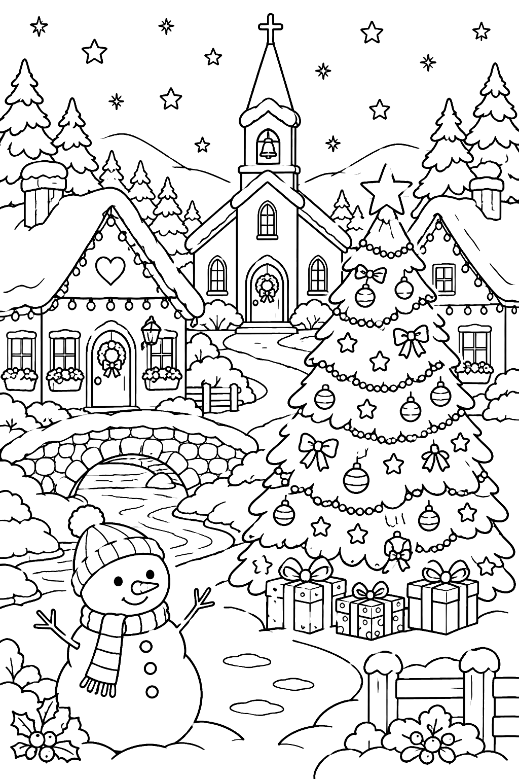 a snowy village with decorated houses, a church and a big tree coloring page