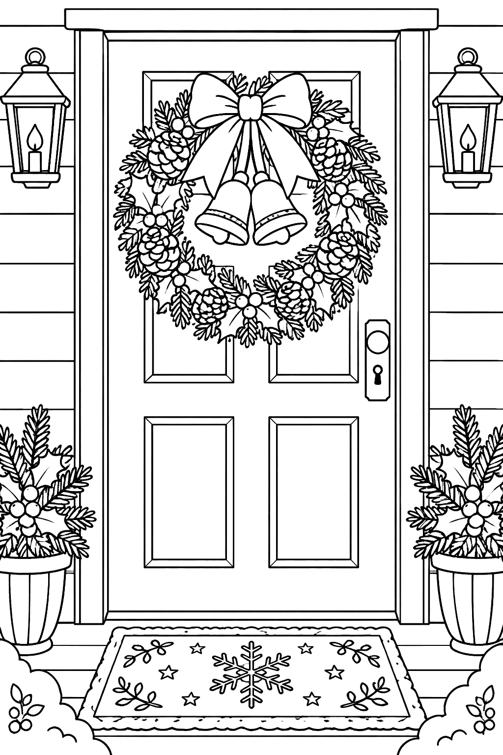 a wreath with bells and pinecones on a door with a doormat coloring page