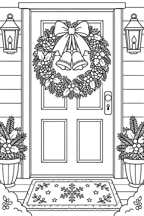 a wreath with bells and pinecones on a door with a doormat coloring page