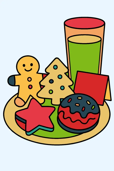 Plate of Christmas cookies and a glass of milk left for Santa with a note coloring page