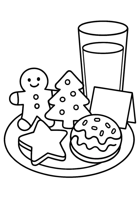 Plate of Christmas cookies and a glass of milk left for Santa with a note coloring page
