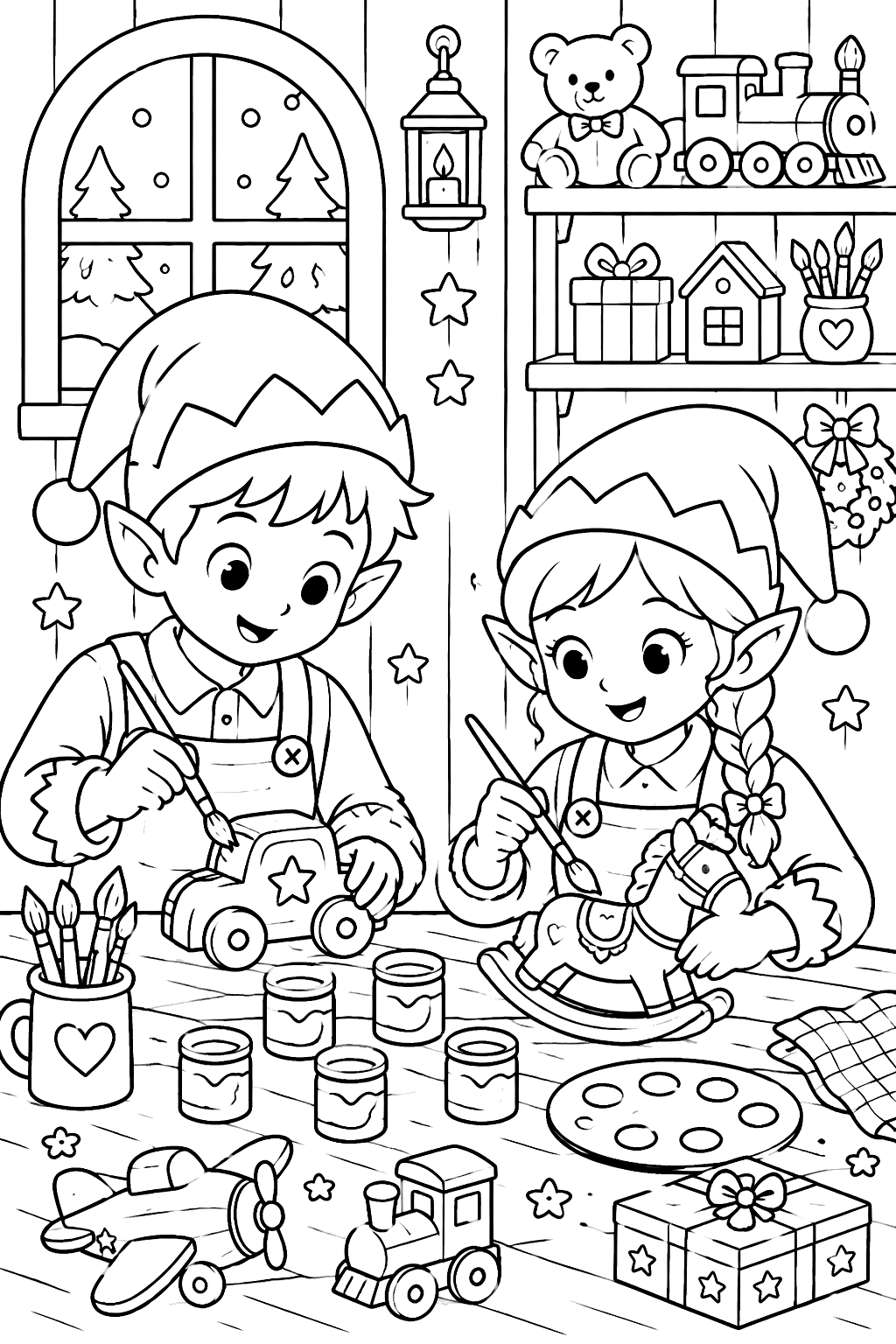 two original elves painting toys in a workshop coloring page