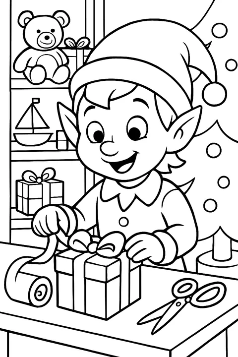 Christmas elf wrapping a present at a workbench in Santa's workshop coloring page