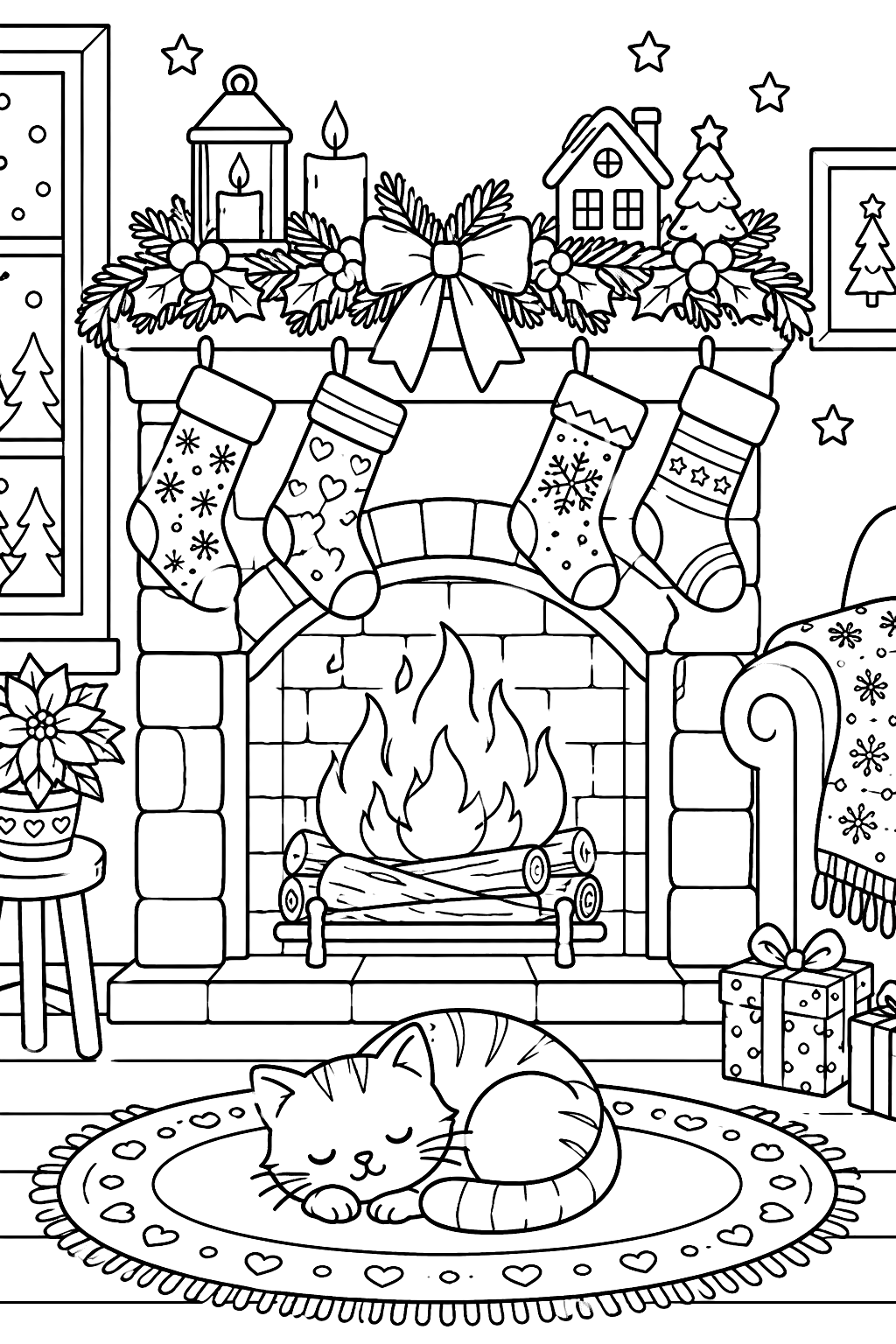 a fireplace with stockings, a garland and a cat sleeping coloring page