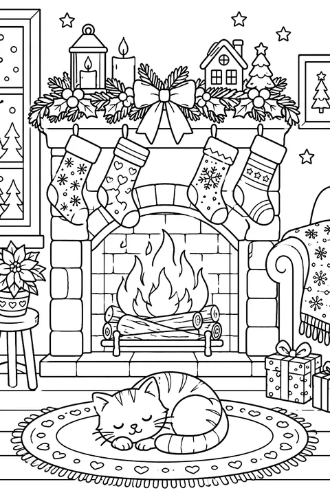 a fireplace with stockings, a garland and a cat sleeping coloring page