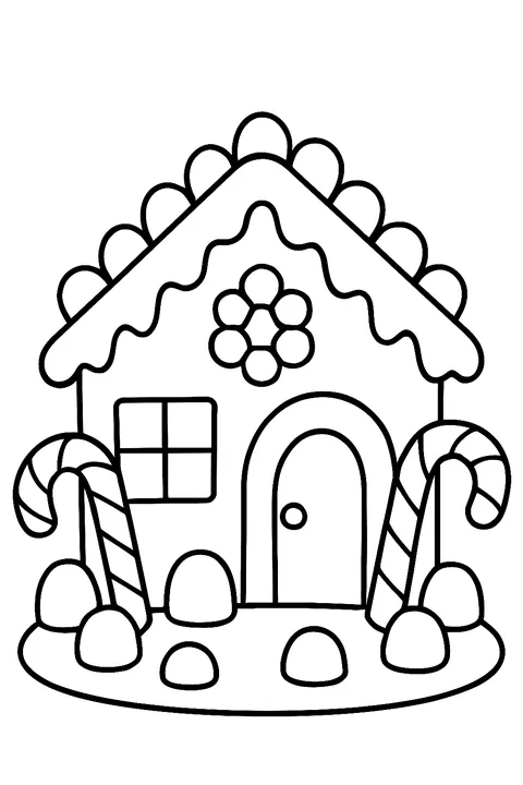 Gingerbread house decorated with candy canes, gumdrops and icing coloring page