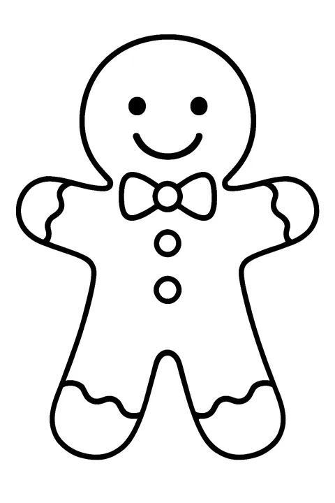 Smiling gingerbread man with icing buttons and a bow tie coloring page