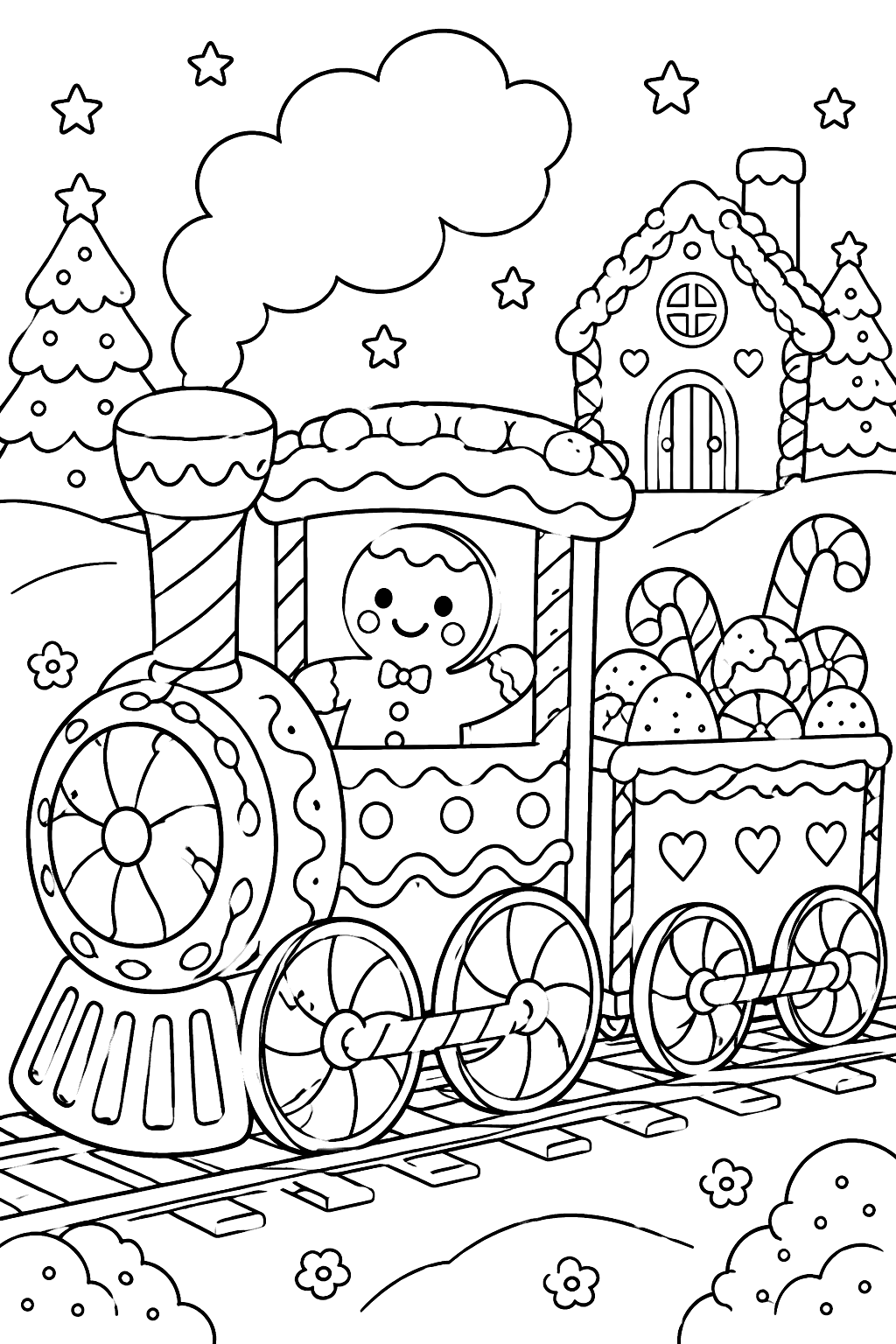 a train made of gingerbread with candy wheels coloring page