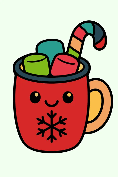 a mug of hot cocoa with marshmallows and a candy cane coloring page
