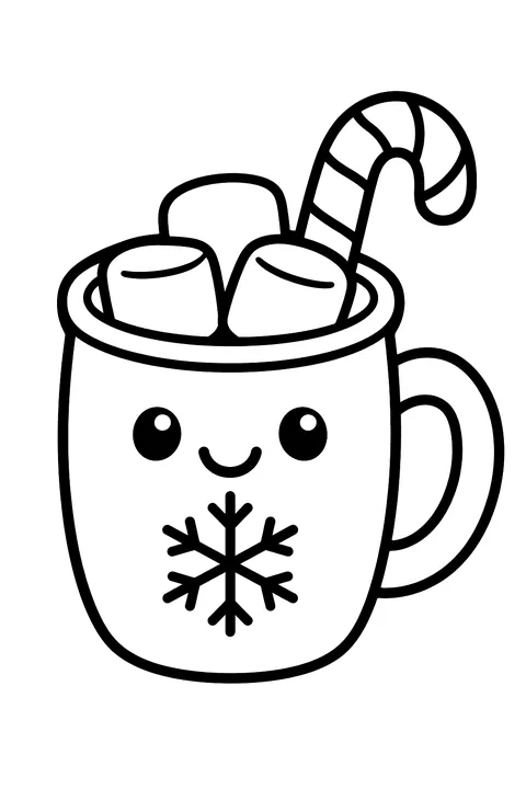 a mug of hot cocoa with marshmallows and a candy cane coloring page