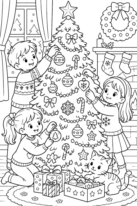 kids hanging ornaments on a Christmas tree coloring page