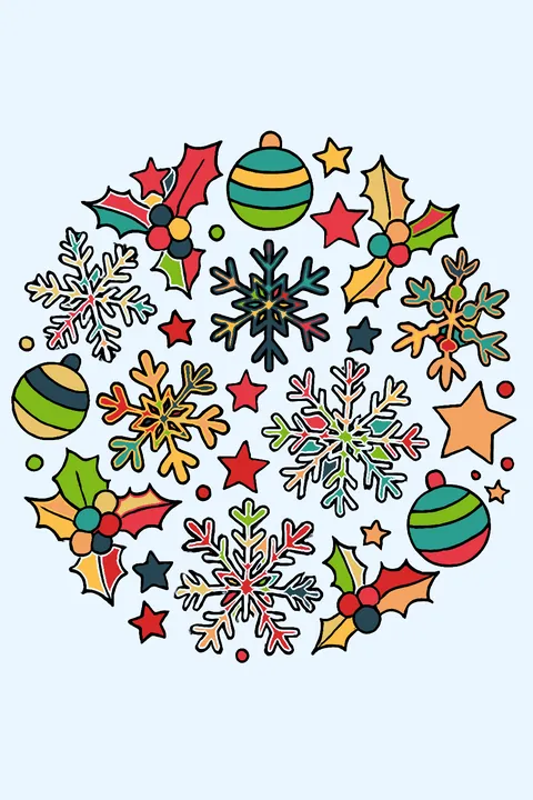 Round Christmas mandala of snowflakes, holly leaves, stars and ornaments coloring page