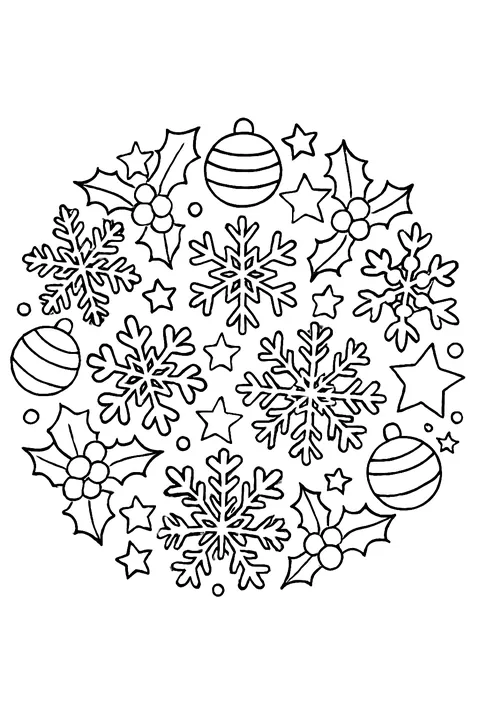 Round Christmas mandala of snowflakes, holly leaves, stars and ornaments coloring page