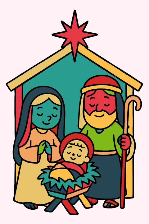 Nativity scene with baby Jesus in the manger, Mary, Joseph and a star above the stable coloring page