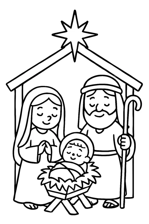 Nativity scene with baby Jesus in the manger, Mary, Joseph and a star above the stable coloring page
