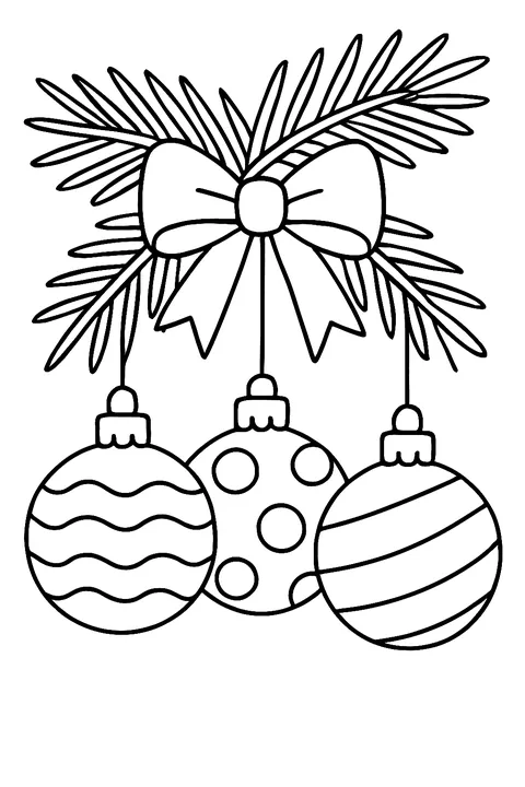 Three Christmas ornaments with patterns hanging from a pine branch with a bow coloring page