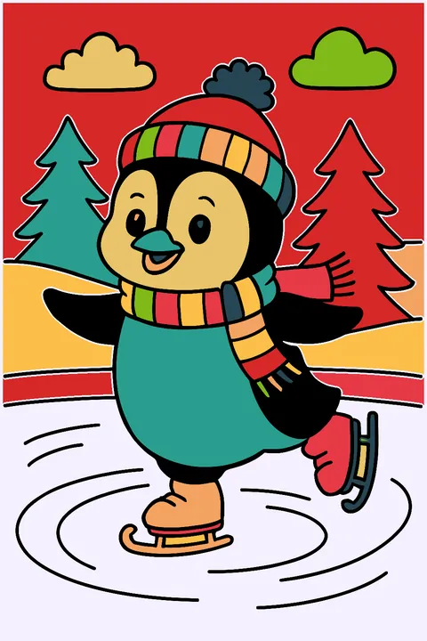 Penguin ice skating on a frozen pond in a knitted hat and scarf coloring page