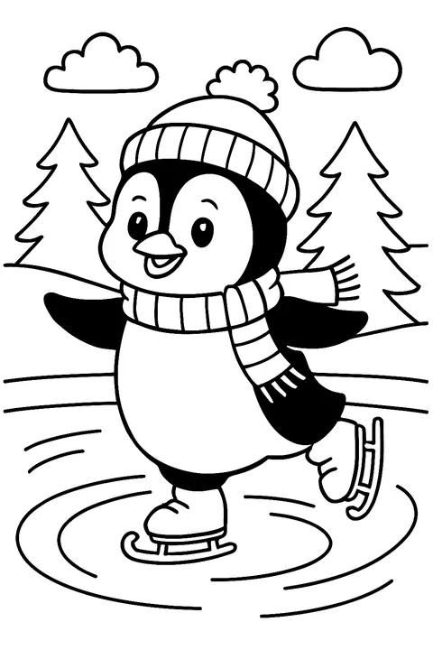 Penguin ice skating on a frozen pond in a knitted hat and scarf coloring page