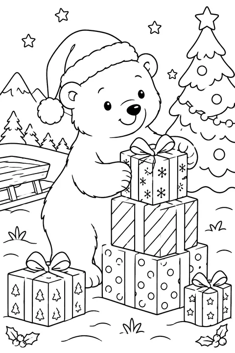 a polar bear with a Santa hat stacking gifts coloring page