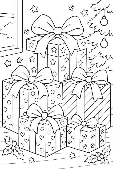 a pile of wrapped presents with bows coloring page