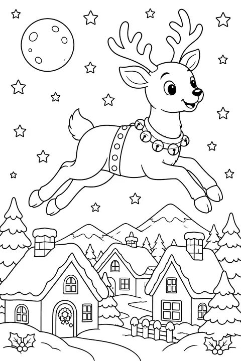 a reindeer flying over snowy rooftops with stars coloring page