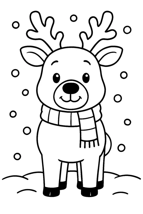Cute reindeer wearing a striped scarf in the falling snow coloring page