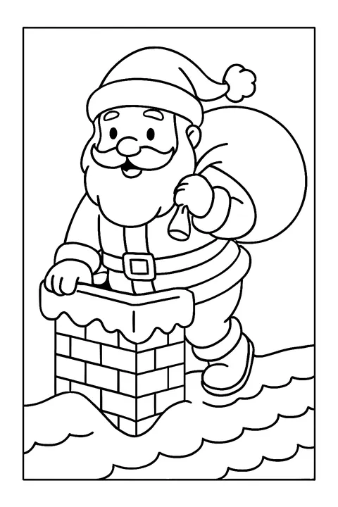 Santa Claus climbing into a chimney on a snowy rooftop with a sack of toys coloring page
