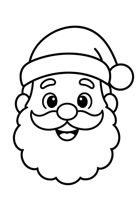 a big friendly Santa face with a fluffy beard coloring page