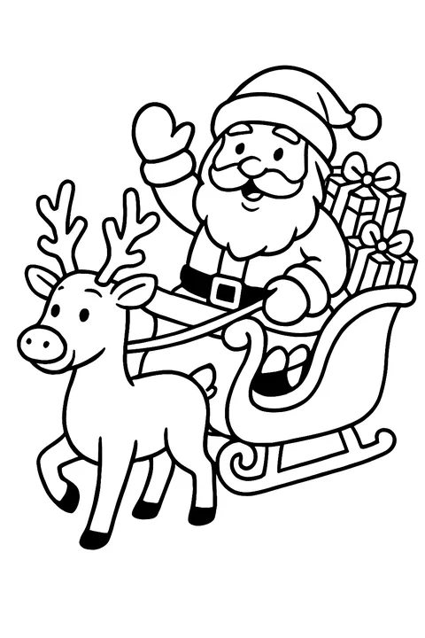 Santa Claus waving from his sleigh full of presents coloring page