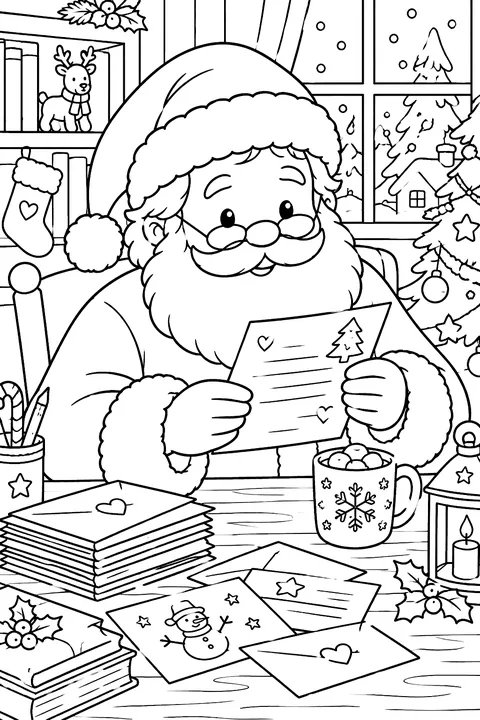 santa reading children's letters at his desk with a mug of cocoa coloring page
