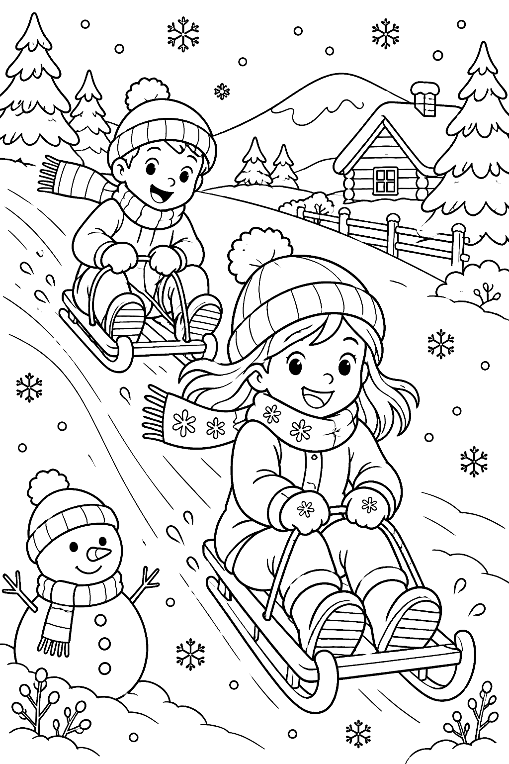 kids sledding down a snowy hill coloring page