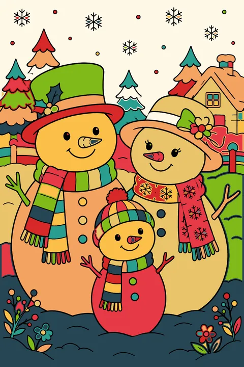 a family of three snowmen with hats and scarves coloring page