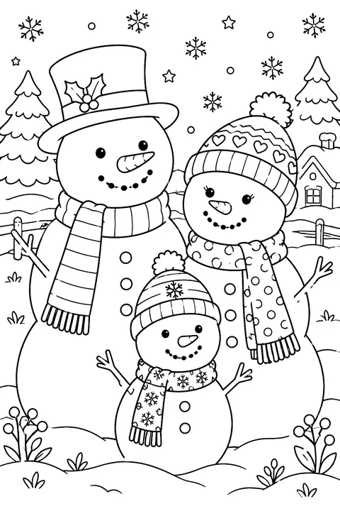 a family of three snowmen with hats and scarves coloring page