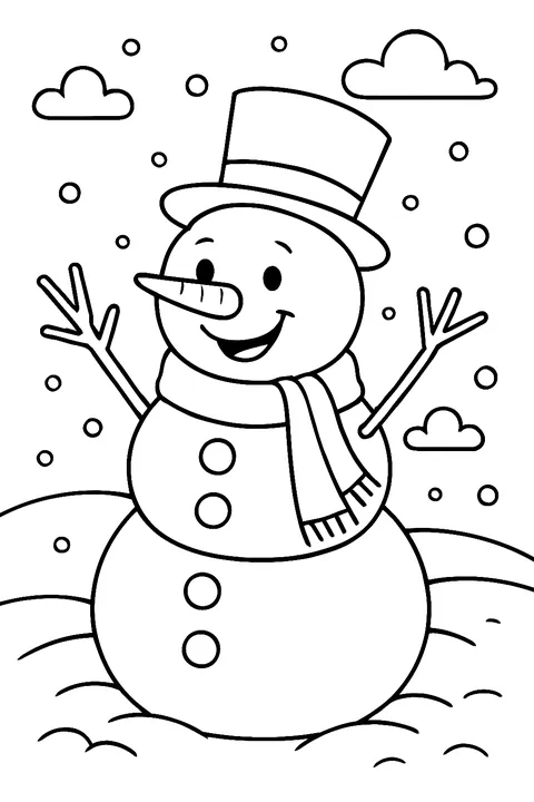 Happy snowman with a top hat, scarf and carrot nose in a snowy field coloring page