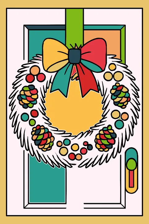 Christmas wreath with pinecones, berries and a big bow on a front door coloring page