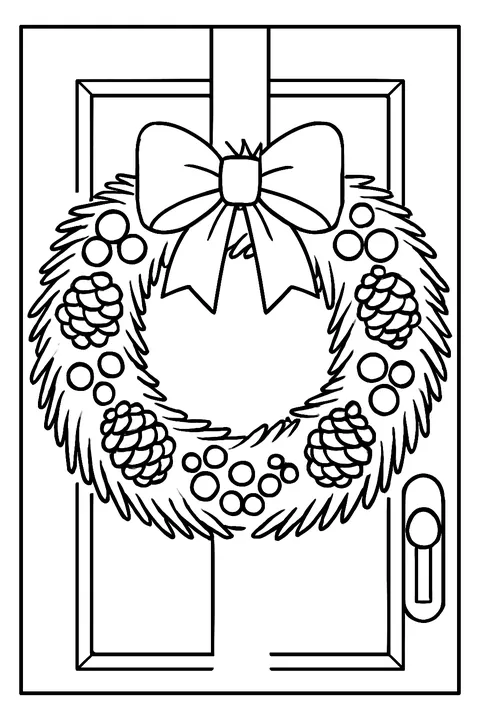 Christmas wreath with pinecones, berries and a big bow on a front door coloring page