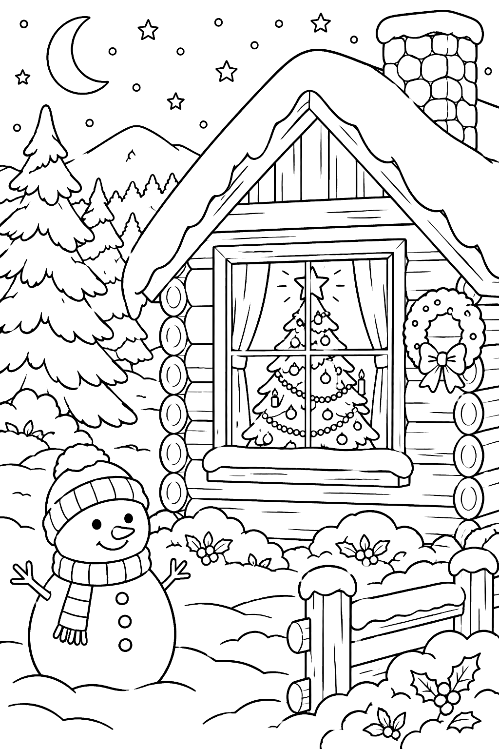 Christmas tree glowing in a cabin window on a snowy night coloring page