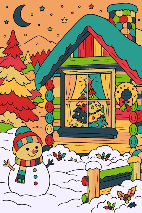 Christmas tree glowing in a cabin window on a snowy night coloring page
