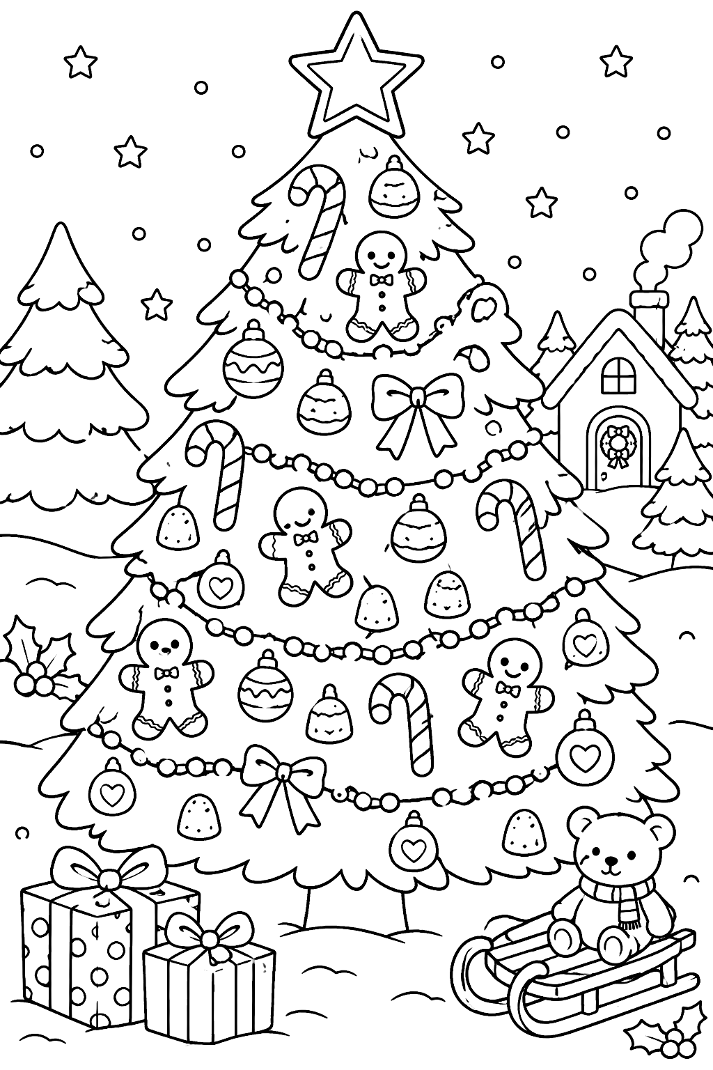 Christmas tree decorated with candy canes gingerbread cookies and gumdrops coloring page