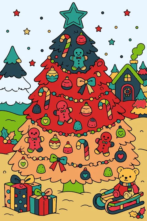 Christmas tree decorated with candy canes gingerbread cookies and gumdrops coloring page