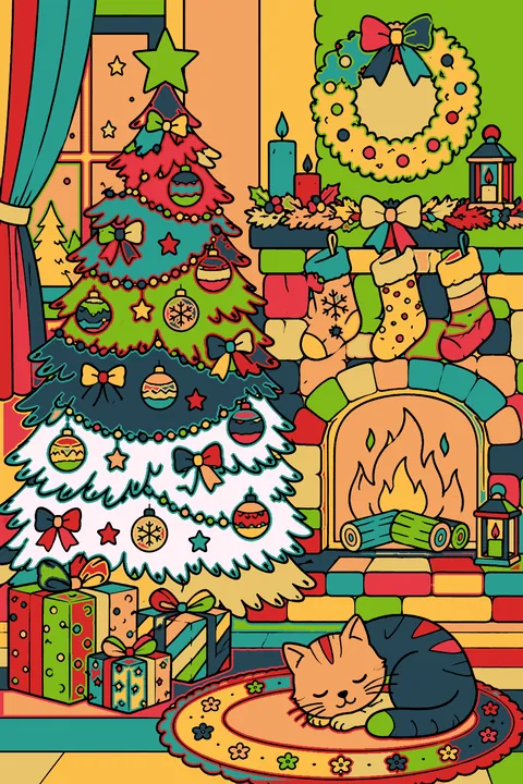 Christmas tree beside a cozy fireplace with hanging stockings and a sleeping cat coloring page