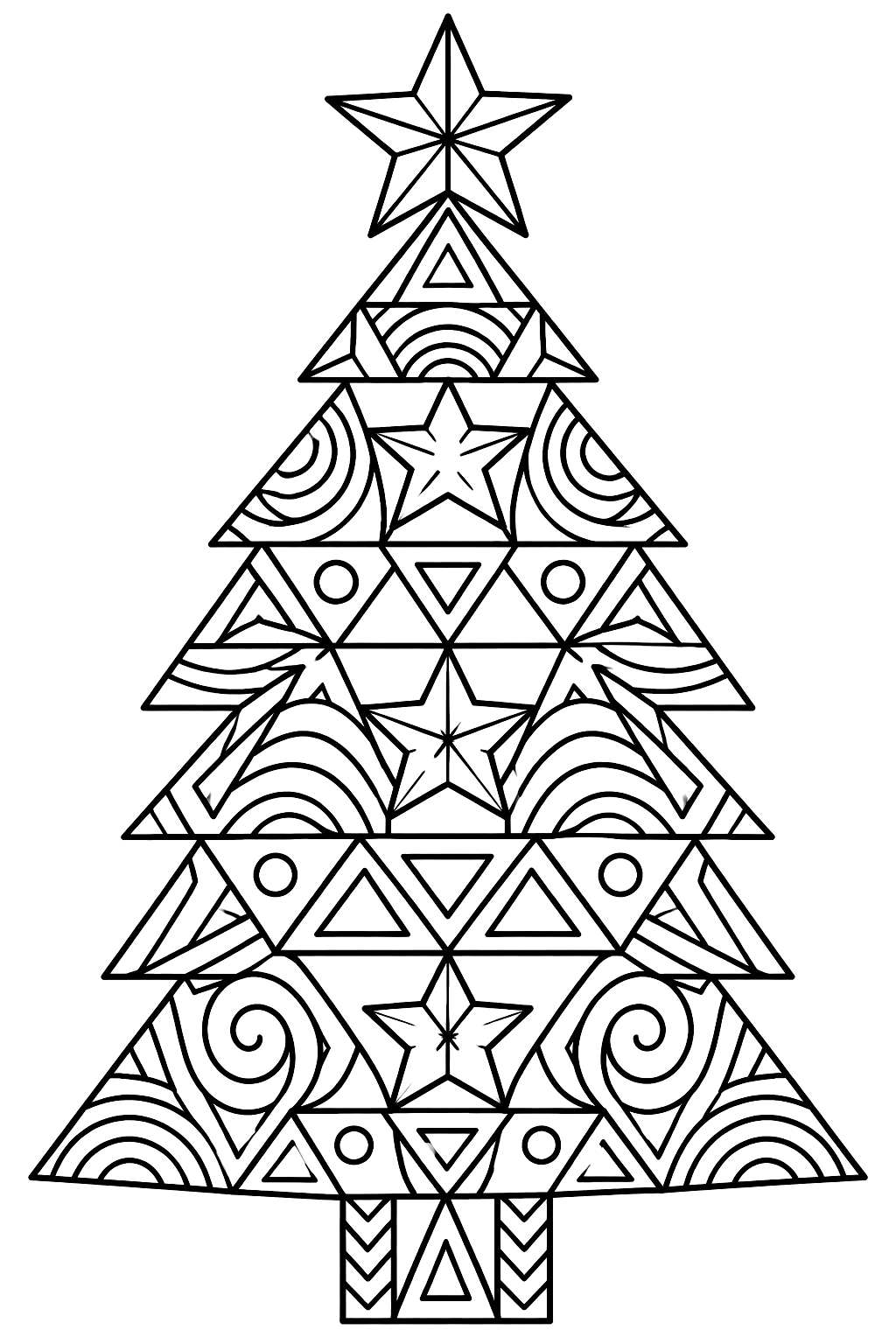 Christmas tree made of intricate geometric triangles stars and zentangle patterns coloring page